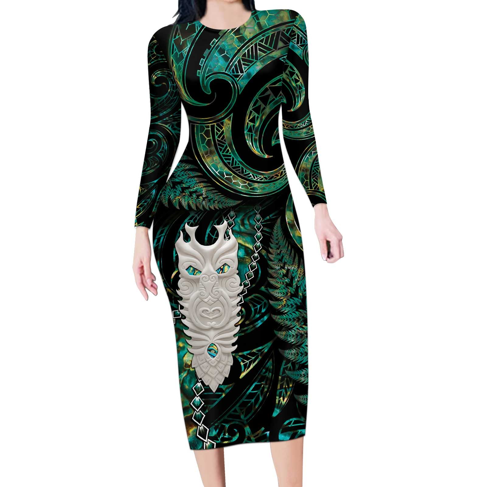 New Zealand Aotearoa Long Sleeve Bodycon Dress Maori Tane Te Waiora Paua Shell Glitter Green