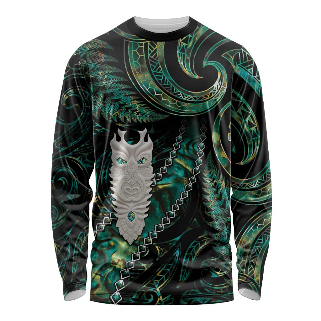 New Zealand Aotearoa Long Sleeve Shirt Maori Tane Te Waiora Paua Shell Glitter Green