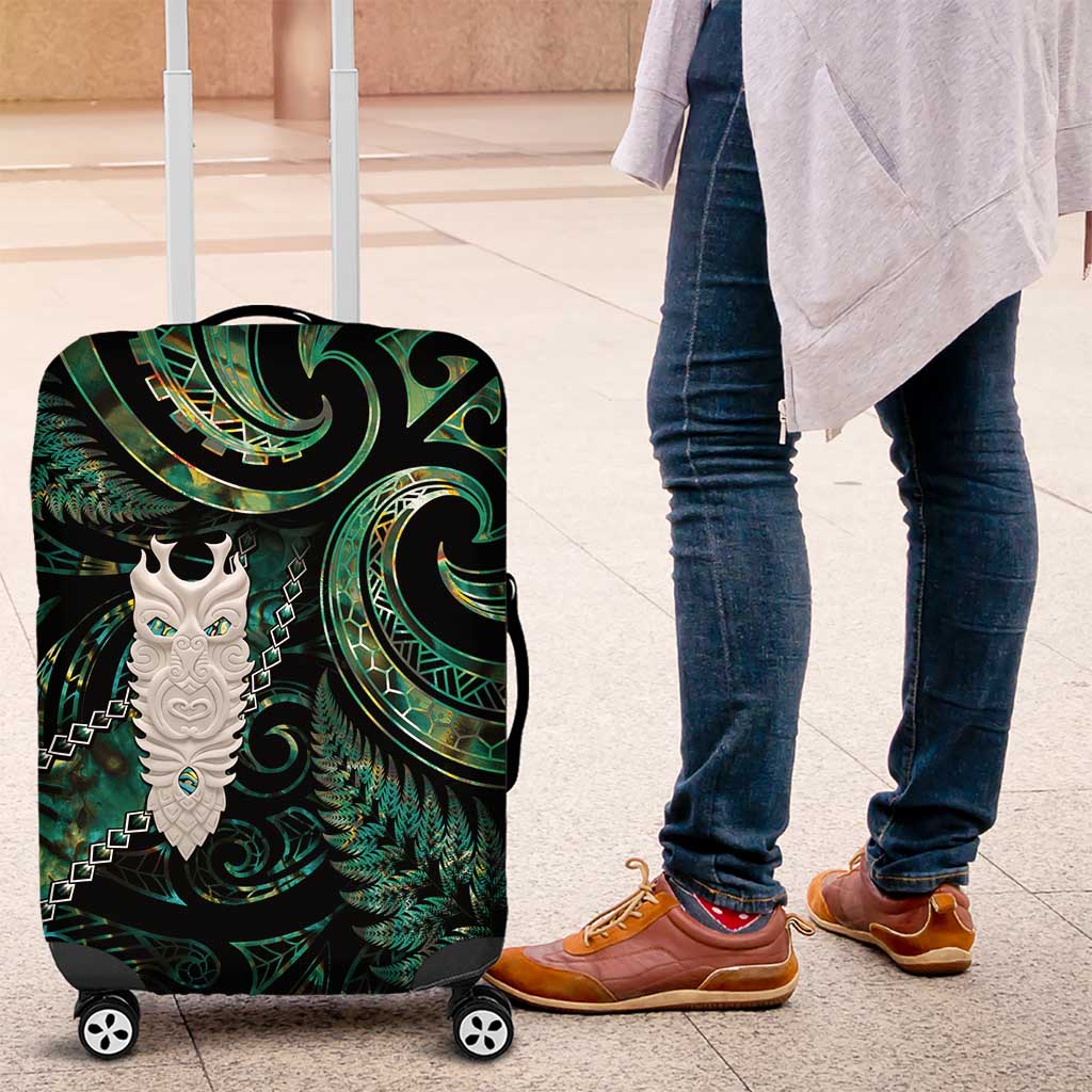 New Zealand Aotearoa Luggage Cover Maori Tane Te Waiora Paua Shell Glitter Green