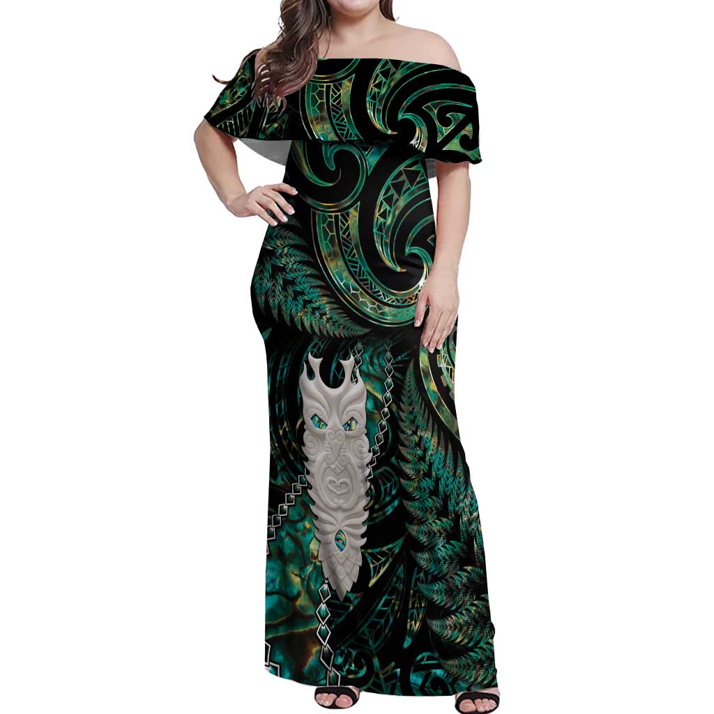 New Zealand Aotearoa Off Shoulder Maxi Dress Maori Tane Te Waiora Paua Shell Glitter Green LT05 Women Green - Polynesian Pride