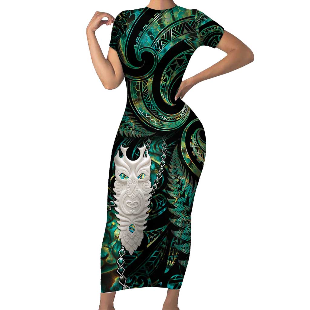 New Zealand Aotearoa Short Sleeve Bodycon Dress Maori Tane Te Waiora Paua Shell Glitter Green