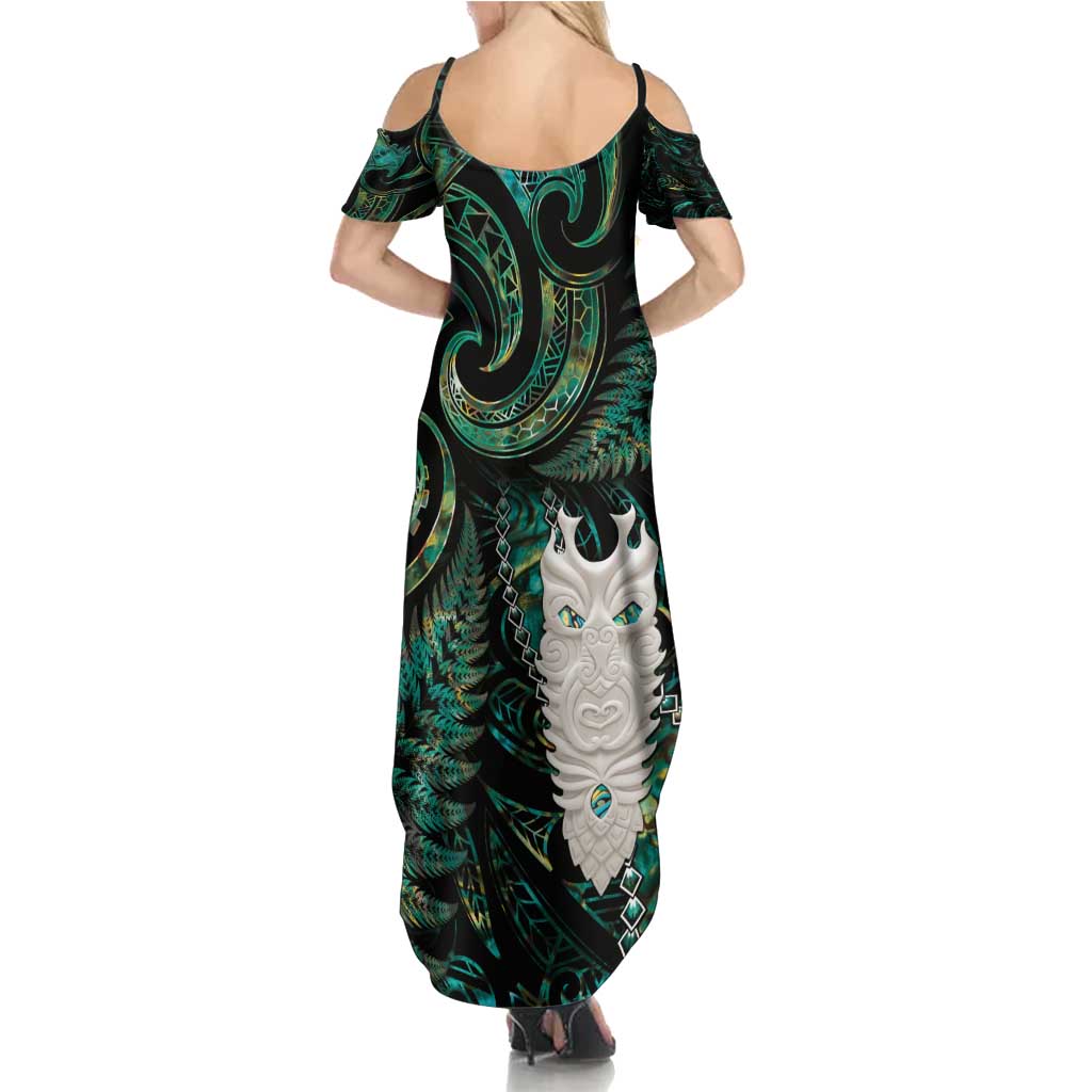 New Zealand Aotearoa Summer Maxi Dress Maori Tane Te Waiora Paua Shell Glitter Green LT05 - Polynesian Pride