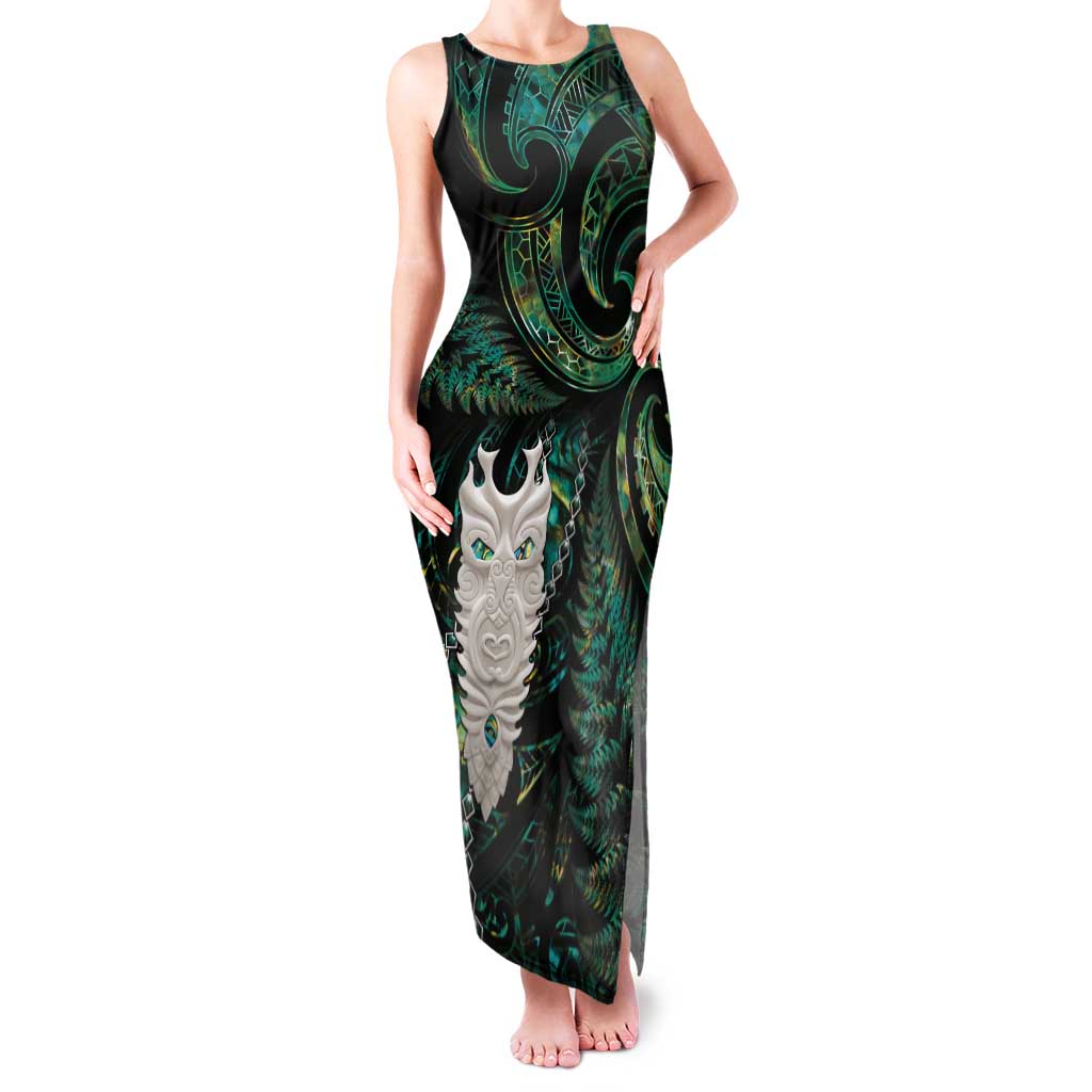 New Zealand Aotearoa Tank Maxi Dress Maori Tane Te Waiora Paua Shell Glitter Green