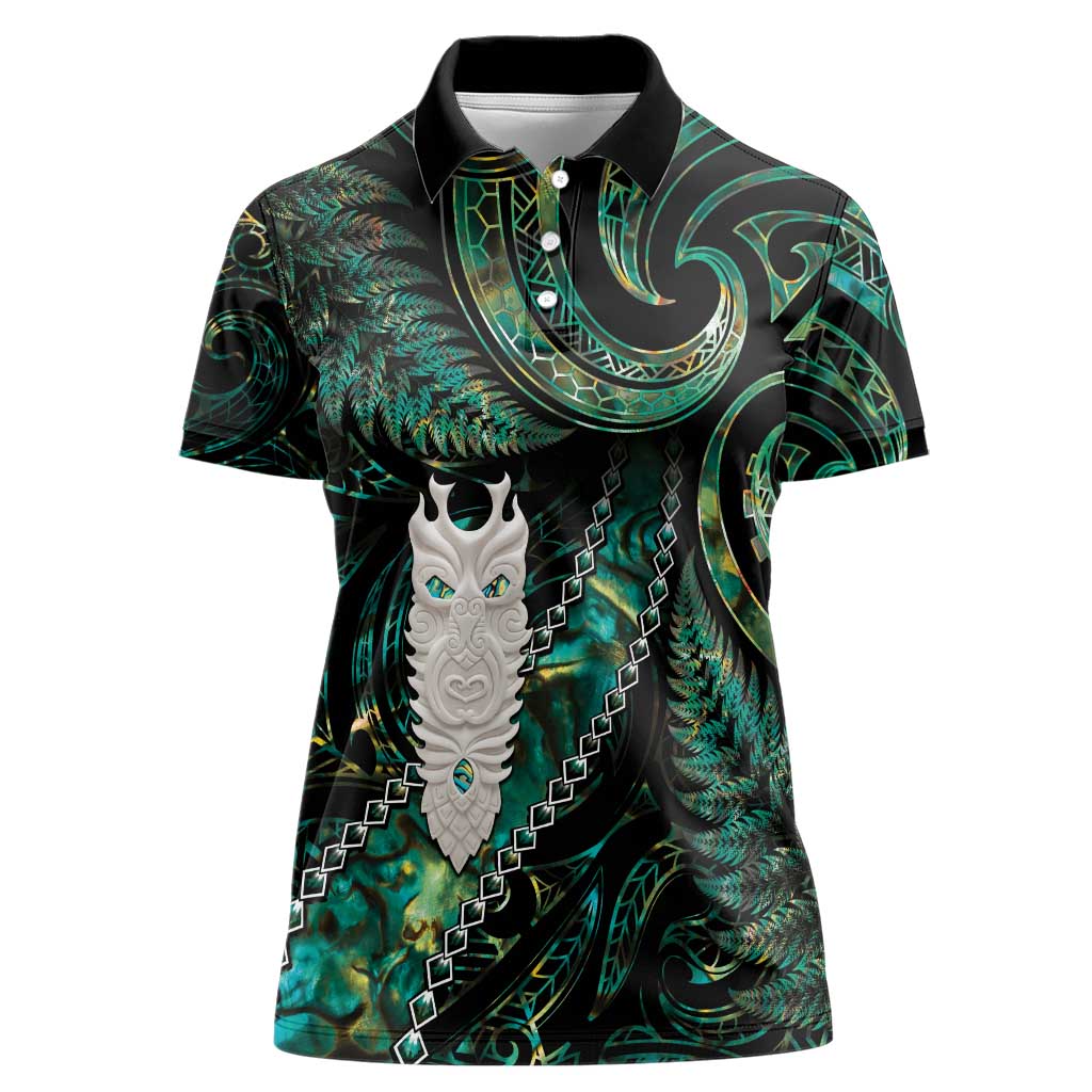 New Zealand Aotearoa Women Polo Shirt Maori Tane Te Waiora Paua Shell Glitter Green