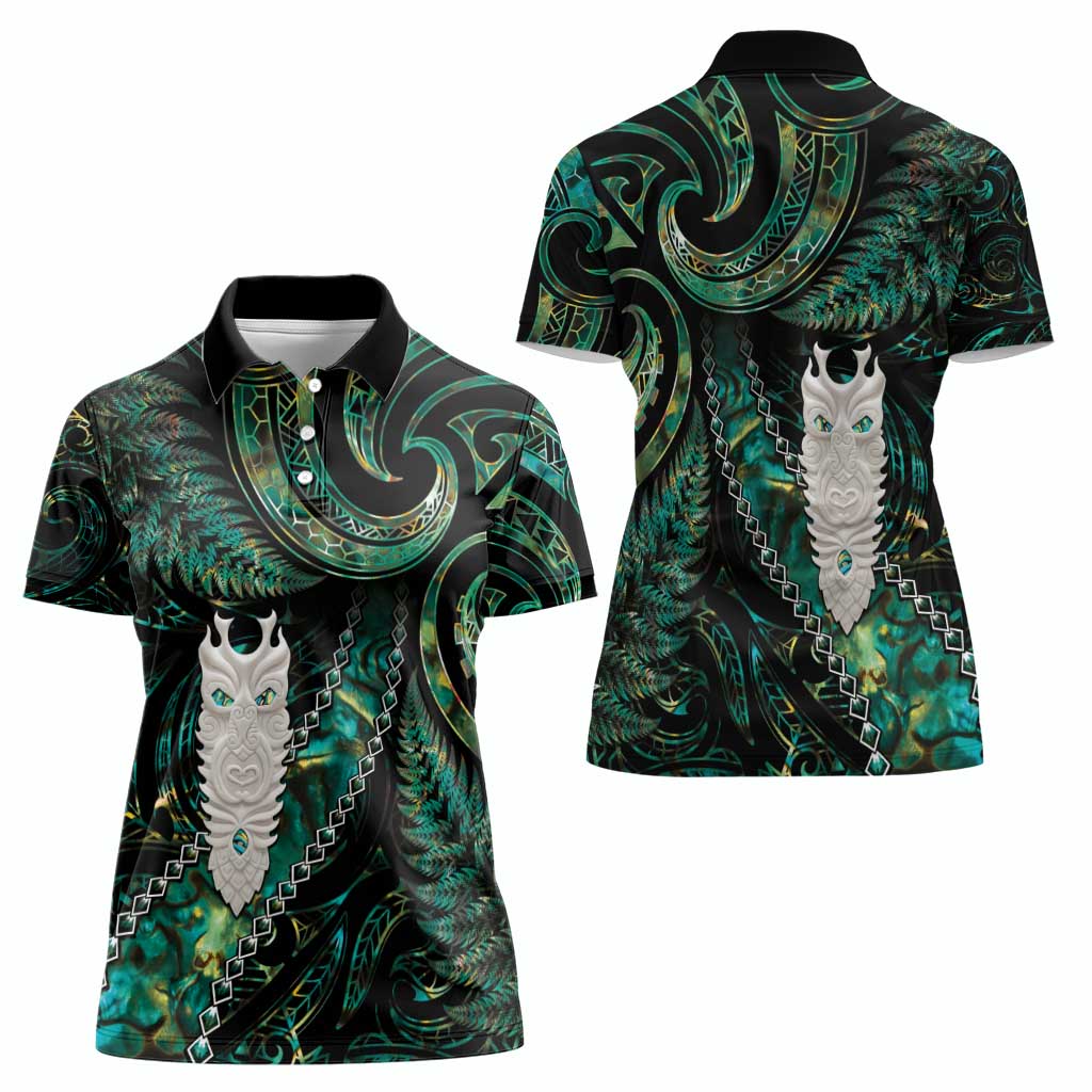New Zealand Aotearoa Women Polo Shirt Maori Tane Te Waiora Paua Shell Glitter Green
