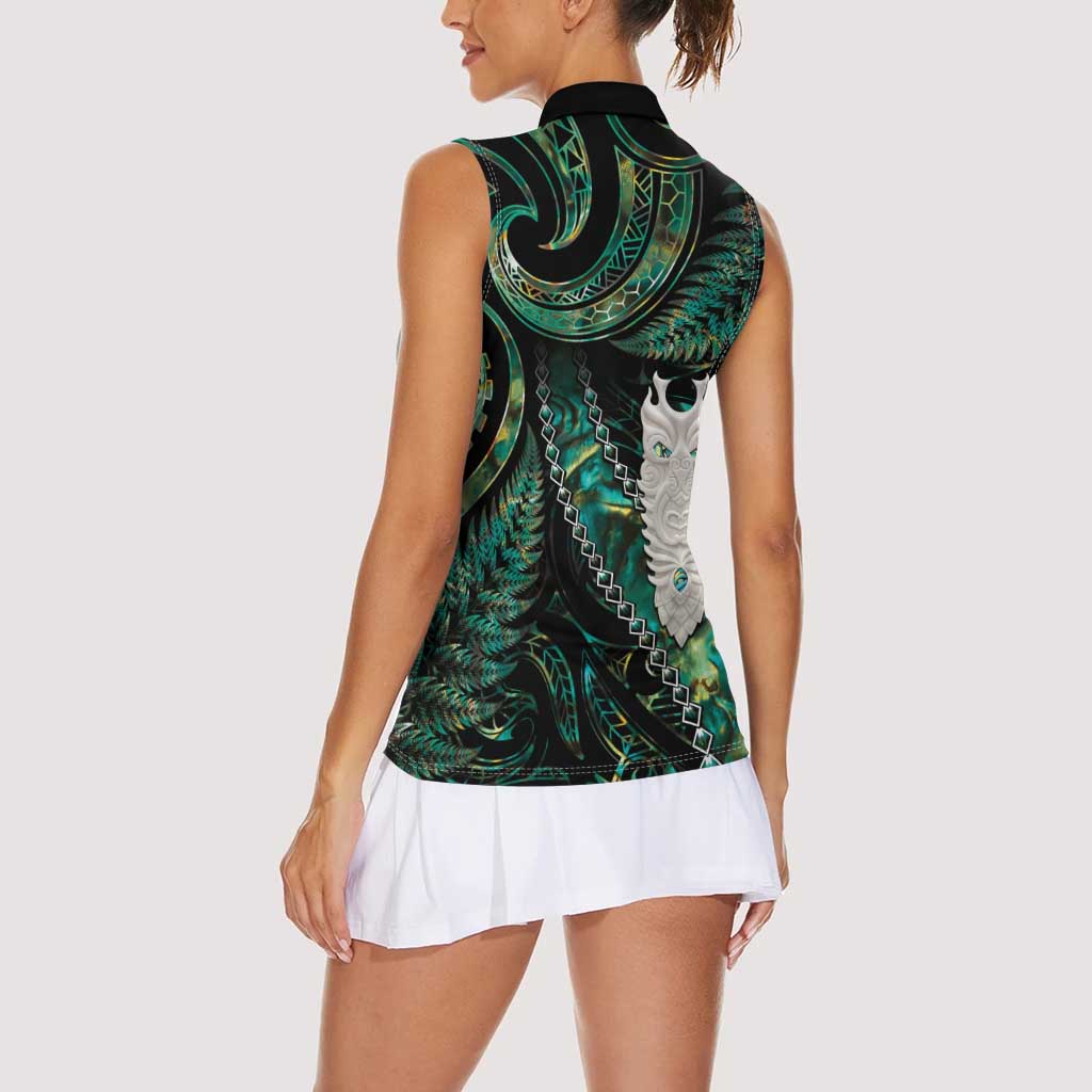 New Zealand Aotearoa Women Sleeveless Polo Shirt Maori Tane Te Waiora Paua Shell Glitter Green