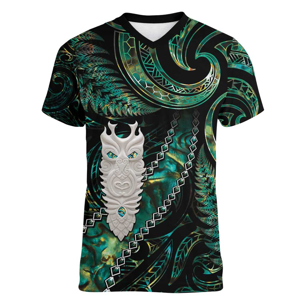 New Zealand Aotearoa Women V-Neck T-Shirt Maori Tane Te Waiora Paua Shell Glitter Green