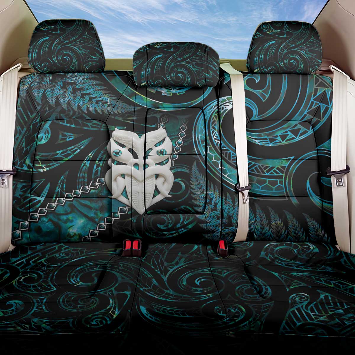 New Zealand Aotearoa Back Car Seat Cover Maori Wheku Paua Shell Glitter Turquoise