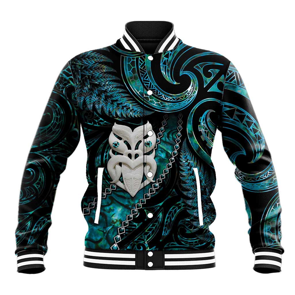 New Zealand Aotearoa Baseball Jacket Maori Wheku Paua Shell Glitter Turquoise