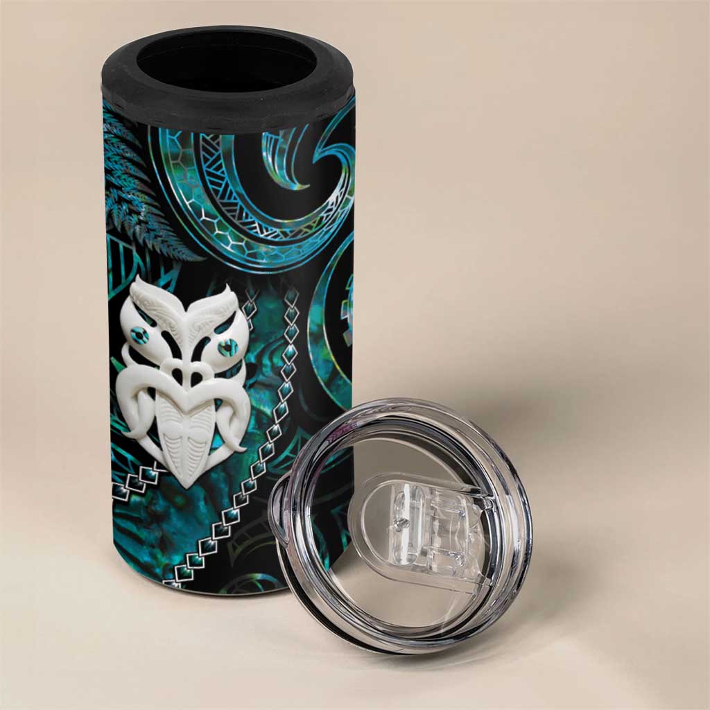 New Zealand Aotearoa 4 in 1 Can Cooler Tumbler Maori Wheku Paua Shell Glitter Turquoise