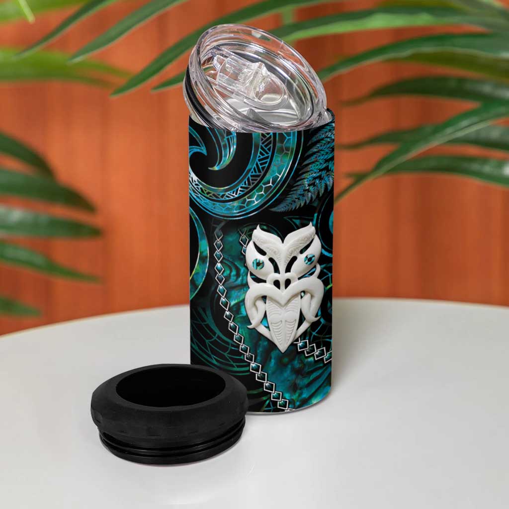 New Zealand Aotearoa 4 in 1 Can Cooler Tumbler Maori Wheku Paua Shell Glitter Turquoise