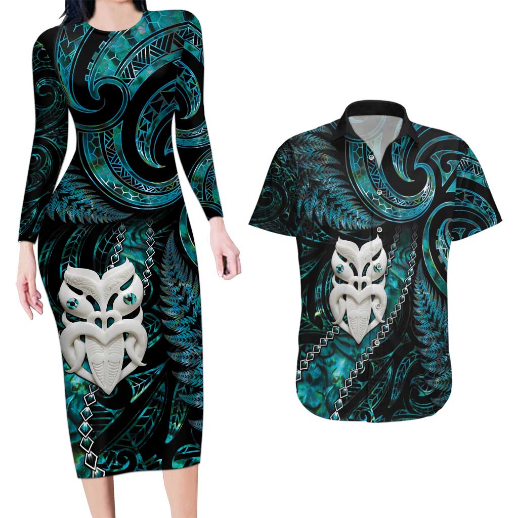 New Zealand Aotearoa Couples Matching Long Sleeve Bodycon Dress and Hawaiian Shirt Maori Wheku Paua Shell Glitter Turquoise LT05 Turquoise - Polynesian Pride