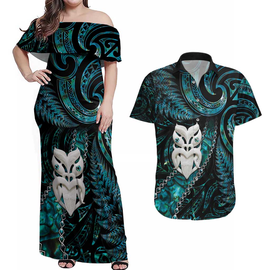 New Zealand Aotearoa Couples Matching Off Shoulder Maxi Dress and Hawaiian Shirt Maori Wheku Paua Shell Glitter Turquoise