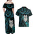 New Zealand Aotearoa Couples Matching Off Shoulder Maxi Dress and Hawaiian Shirt Maori Wheku Paua Shell Glitter Turquoise