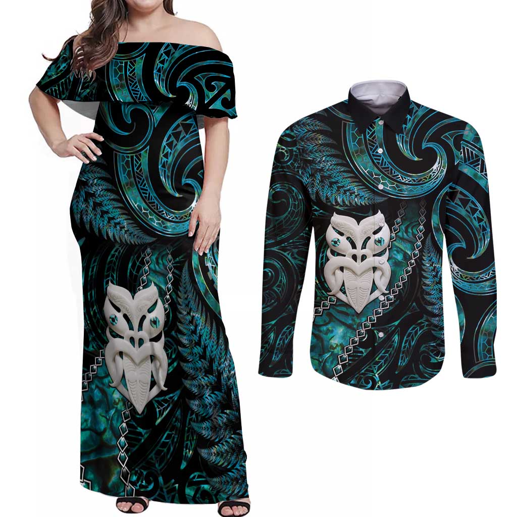 New Zealand Aotearoa Couples Matching Off Shoulder Maxi Dress and Long Sleeve Button Shirt Maori Wheku Paua Shell Glitter Turquoise