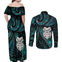 New Zealand Aotearoa Couples Matching Off Shoulder Maxi Dress and Long Sleeve Button Shirt Maori Wheku Paua Shell Glitter Turquoise