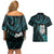 New Zealand Aotearoa Couples Matching Off Shoulder Short Dress and Hawaiian Shirt Maori Wheku Paua Shell Glitter Turquoise