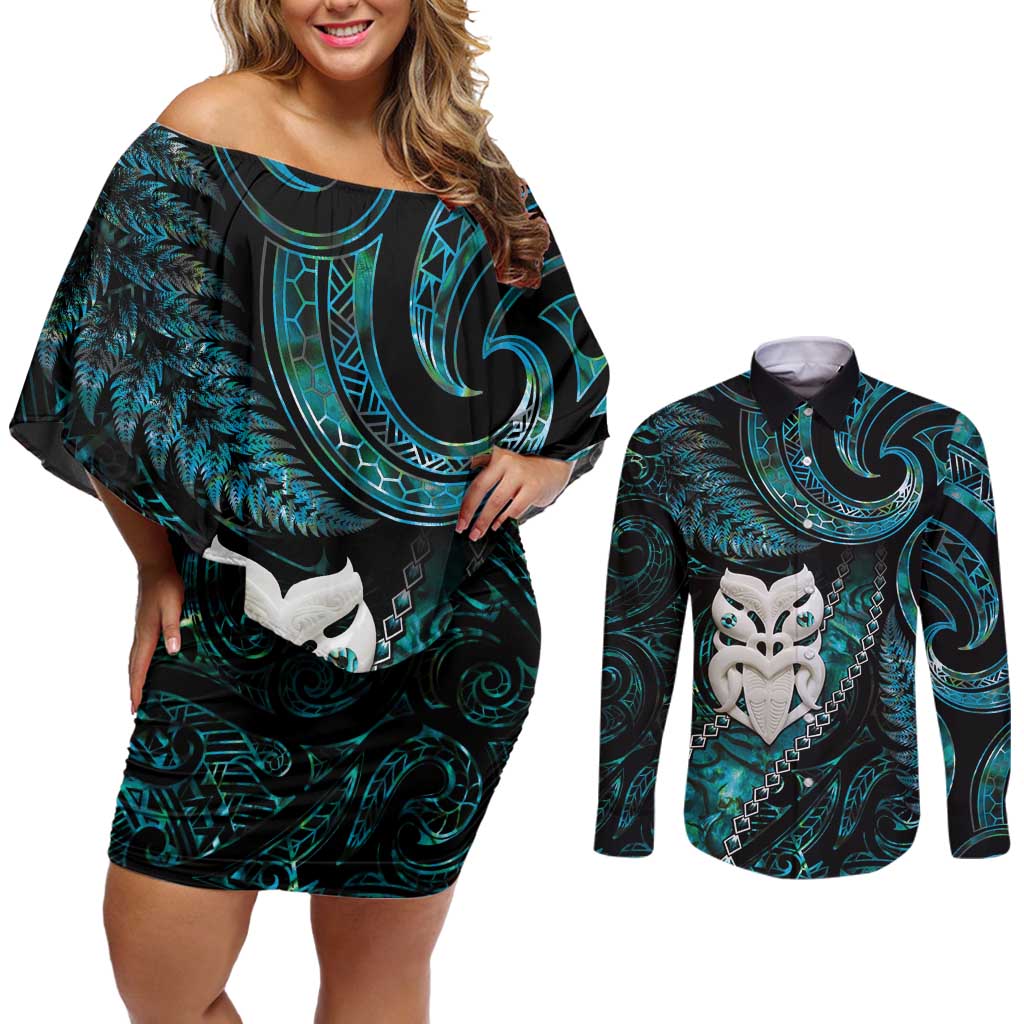 New Zealand Aotearoa Couples Matching Off Shoulder Short Dress and Long Sleeve Button Shirt Maori Wheku Paua Shell Glitter Turquoise