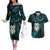 New Zealand Aotearoa Couples Matching Off The Shoulder Long Sleeve Dress and Hawaiian Shirt Maori Wheku Paua Shell Glitter Turquoise