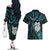 New Zealand Aotearoa Couples Matching Off The Shoulder Long Sleeve Dress and Hawaiian Shirt Maori Wheku Paua Shell Glitter Turquoise