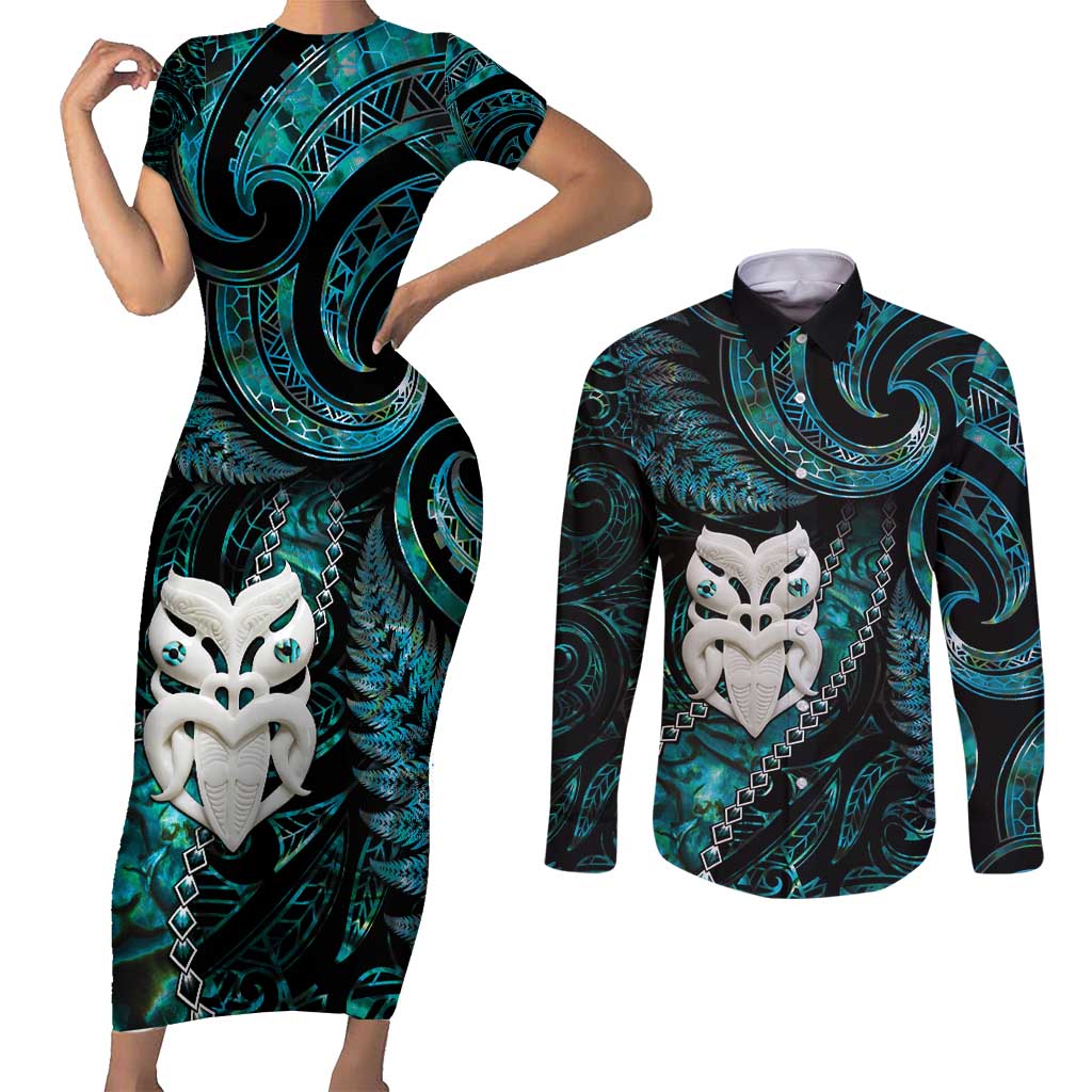 New Zealand Aotearoa Couples Matching Short Sleeve Bodycon Dress and Long Sleeve Button Shirt Maori Wheku Paua Shell Glitter Turquoise