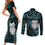 New Zealand Aotearoa Couples Matching Short Sleeve Bodycon Dress and Long Sleeve Button Shirt Maori Wheku Paua Shell Glitter Turquoise