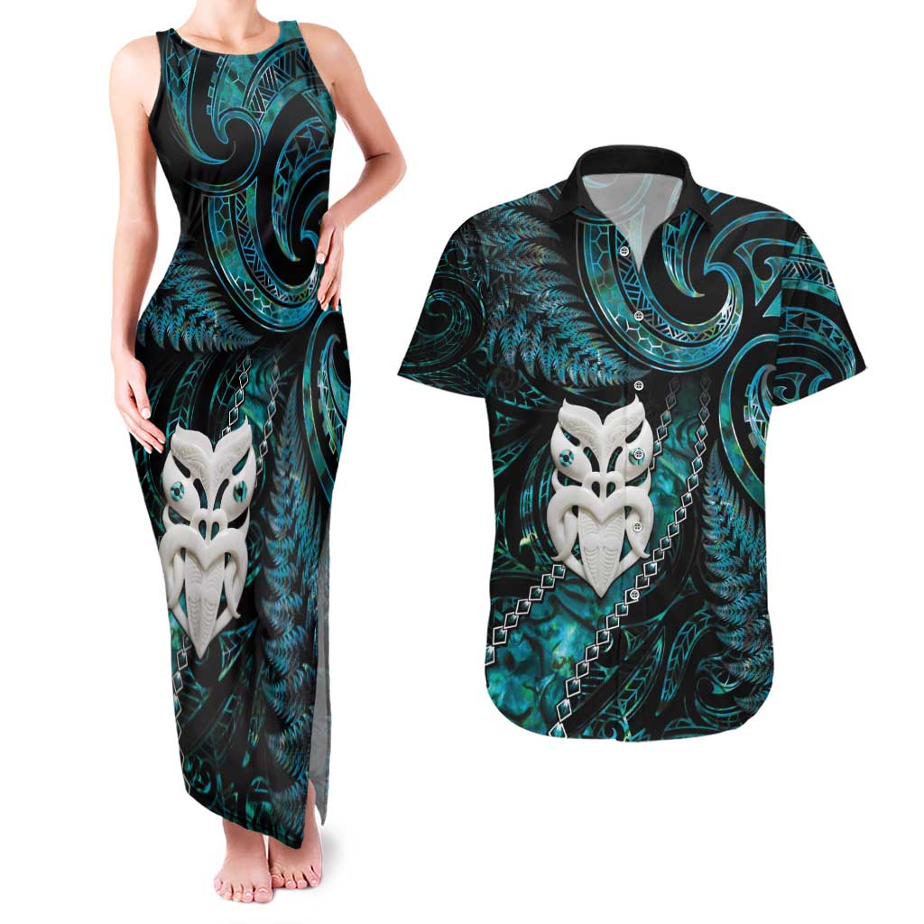 New Zealand Aotearoa Couples Matching Tank Maxi Dress and Hawaiian Shirt Maori Wheku Paua Shell Glitter Turquoise LT05 Turquoise - Polynesian Pride