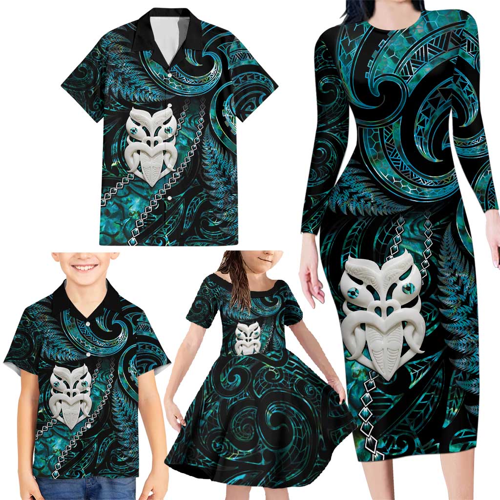 New Zealand Aotearoa Family Matching Long Sleeve Bodycon Dress and Hawaiian Shirt Maori Wheku Paua Shell Glitter Turquoise LT05 - Polynesian Pride