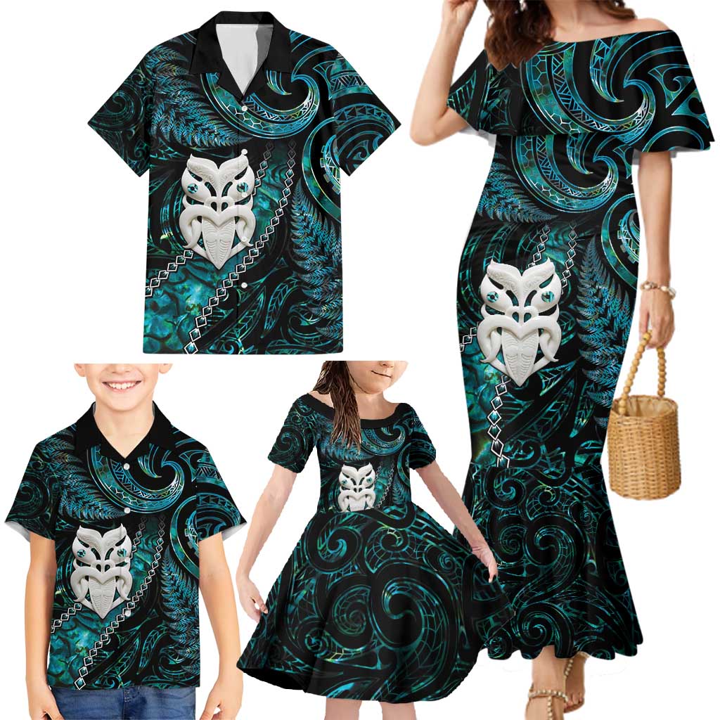 New Zealand Aotearoa Family Matching Mermaid Dress and Hawaiian Shirt Maori Wheku Paua Shell Glitter Turquoise