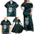 New Zealand Aotearoa Family Matching Off Shoulder Maxi Dress and Hawaiian Shirt Maori Wheku Paua Shell Glitter Turquoise