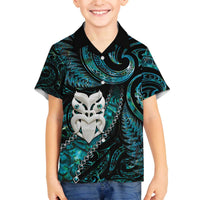 New Zealand Aotearoa Family Matching Off Shoulder Short Dress and Hawaiian Shirt Maori Wheku Paua Shell Glitter Turquoise
