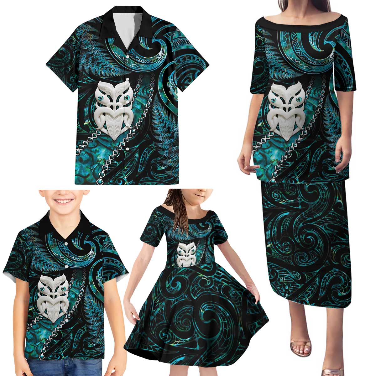 New Zealand Aotearoa Family Matching Puletasi and Hawaiian Shirt Maori Wheku Paua Shell Glitter Turquoise LT05 - Polynesian Pride