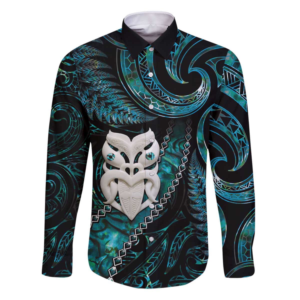 New Zealand Aotearoa Family Matching Puletasi and Hawaiian Shirt Maori Wheku Paua Shell Glitter Turquoise LT05 Dad's Shirt - Long Sleeve Turquoise - Polynesian Pride