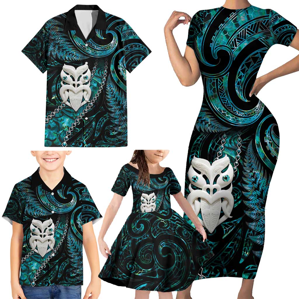 New Zealand Aotearoa Family Matching Short Sleeve Bodycon Dress and Hawaiian Shirt Maori Wheku Paua Shell Glitter Turquoise