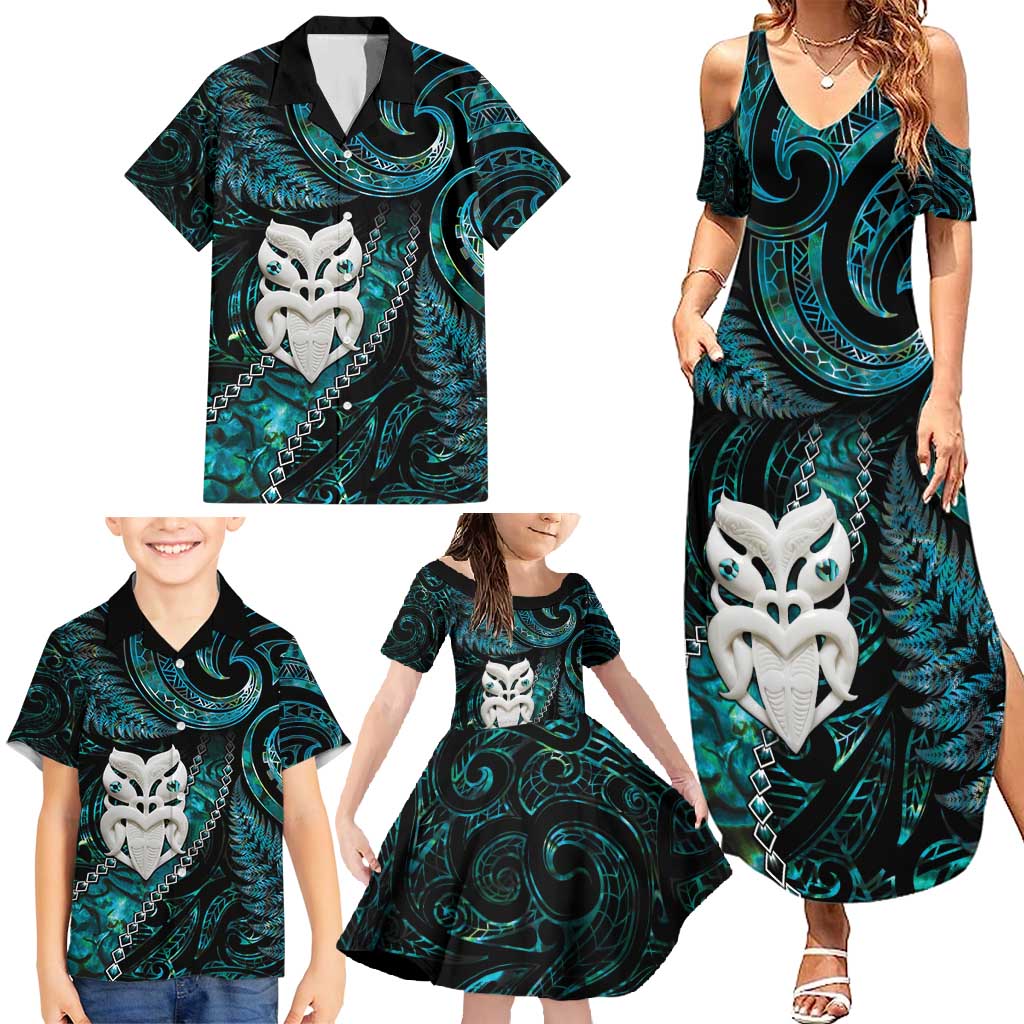 New Zealand Aotearoa Family Matching Summer Maxi Dress and Hawaiian Shirt Maori Wheku Paua Shell Glitter Turquoise