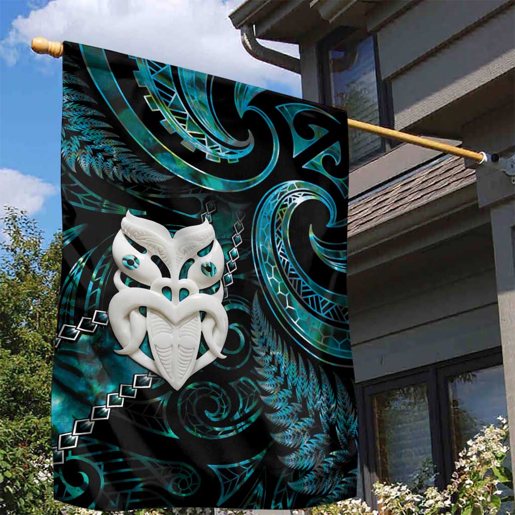 New Zealand Aotearoa Garden Flag Maori Wheku Paua Shell Glitter Turquoise LT05 - Polynesian Pride