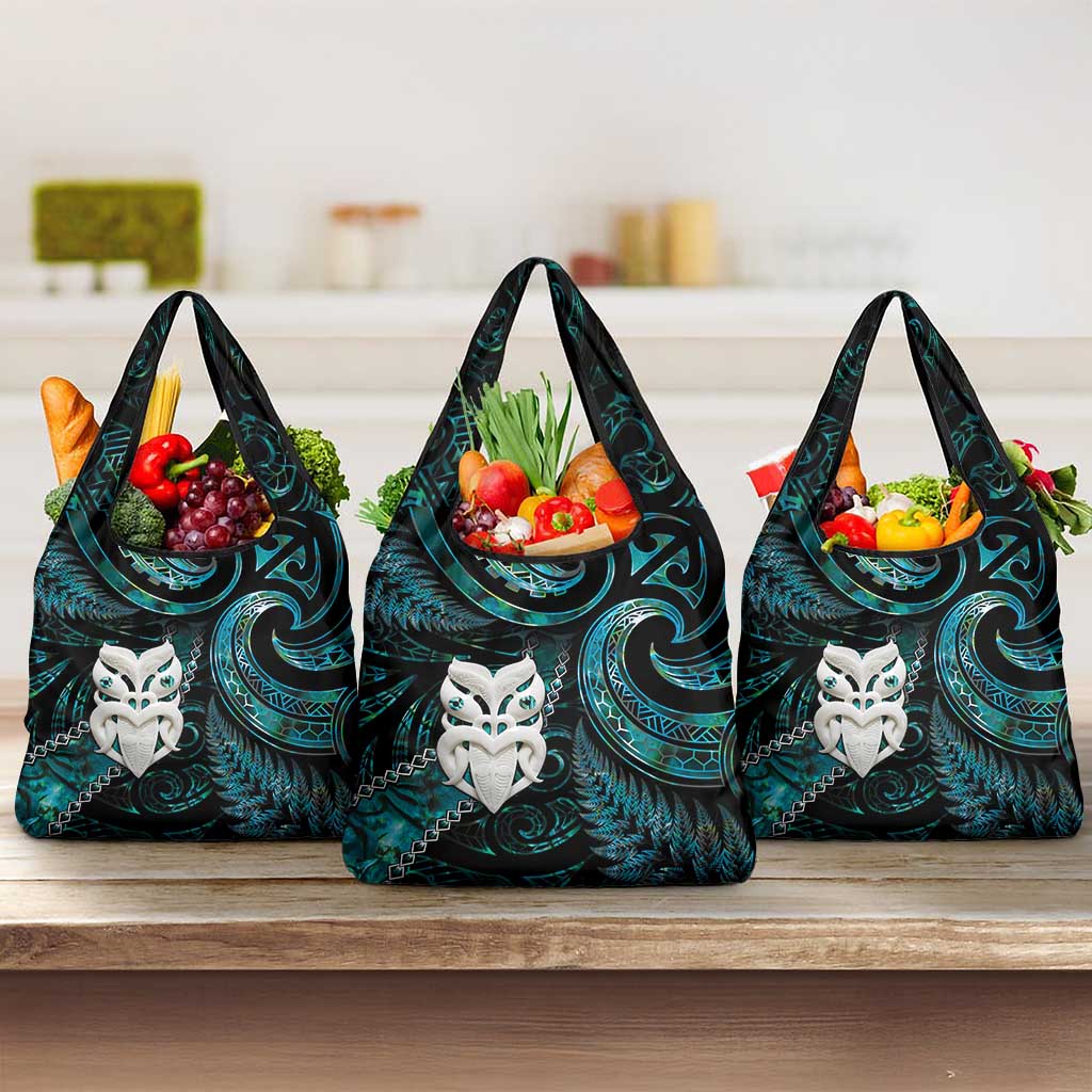 New Zealand Aotearoa Grocery Bag Maori Wheku Paua Shell Glitter Turquoise LT05 3-pack One Size Turquoise - Polynesian Pride