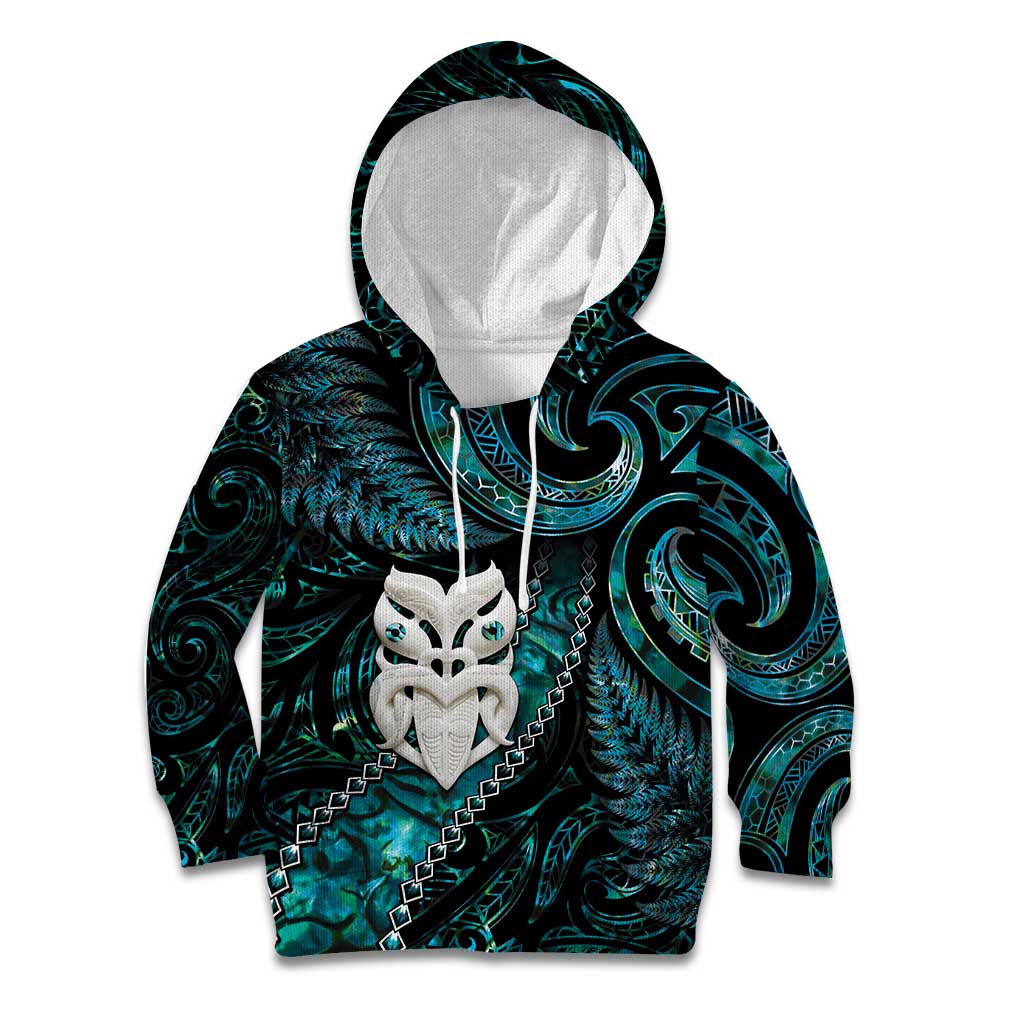 New Zealand Aotearoa Kid Hoodie Maori Wheku Paua Shell Glitter Turquoise