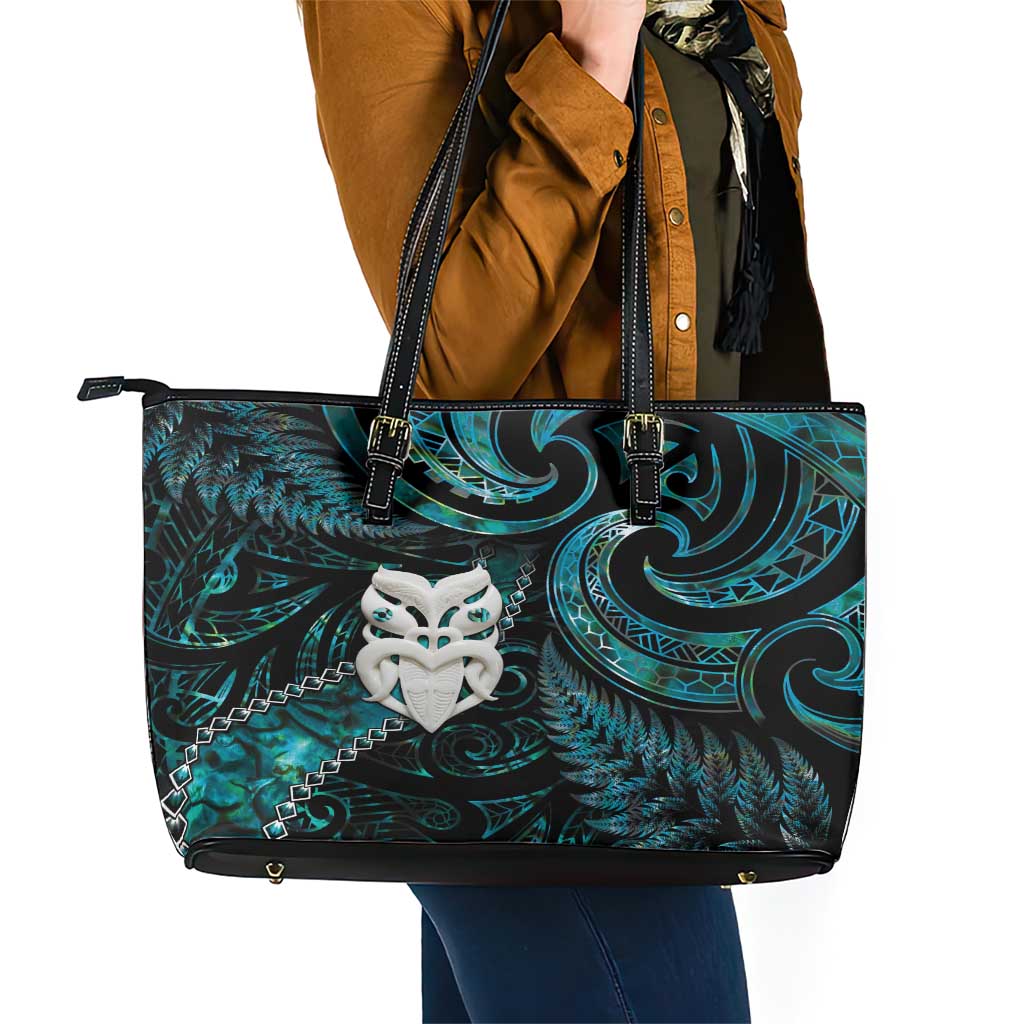New Zealand Aotearoa Leather Tote Bag Maori Wheku Paua Shell Glitter Turquoise LT05 - Polynesian Pride