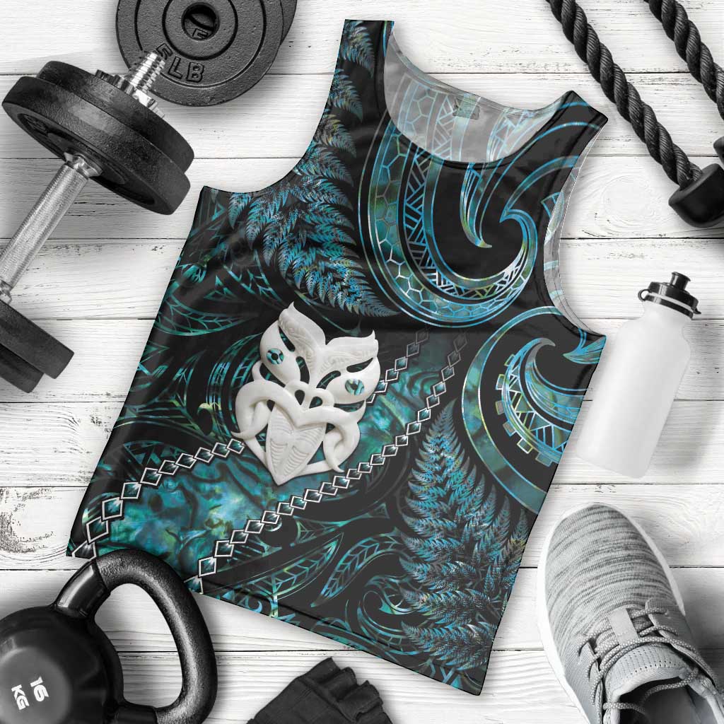 New Zealand Aotearoa Men Tank Top Maori Wheku Paua Shell Glitter Turquoise LT05 - Polynesian Pride