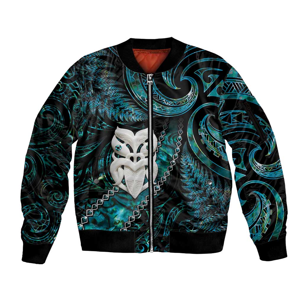 New Zealand Aotearoa Sleeve Zip Bomber Jacket Maori Wheku Paua Shell Glitter Turquoise