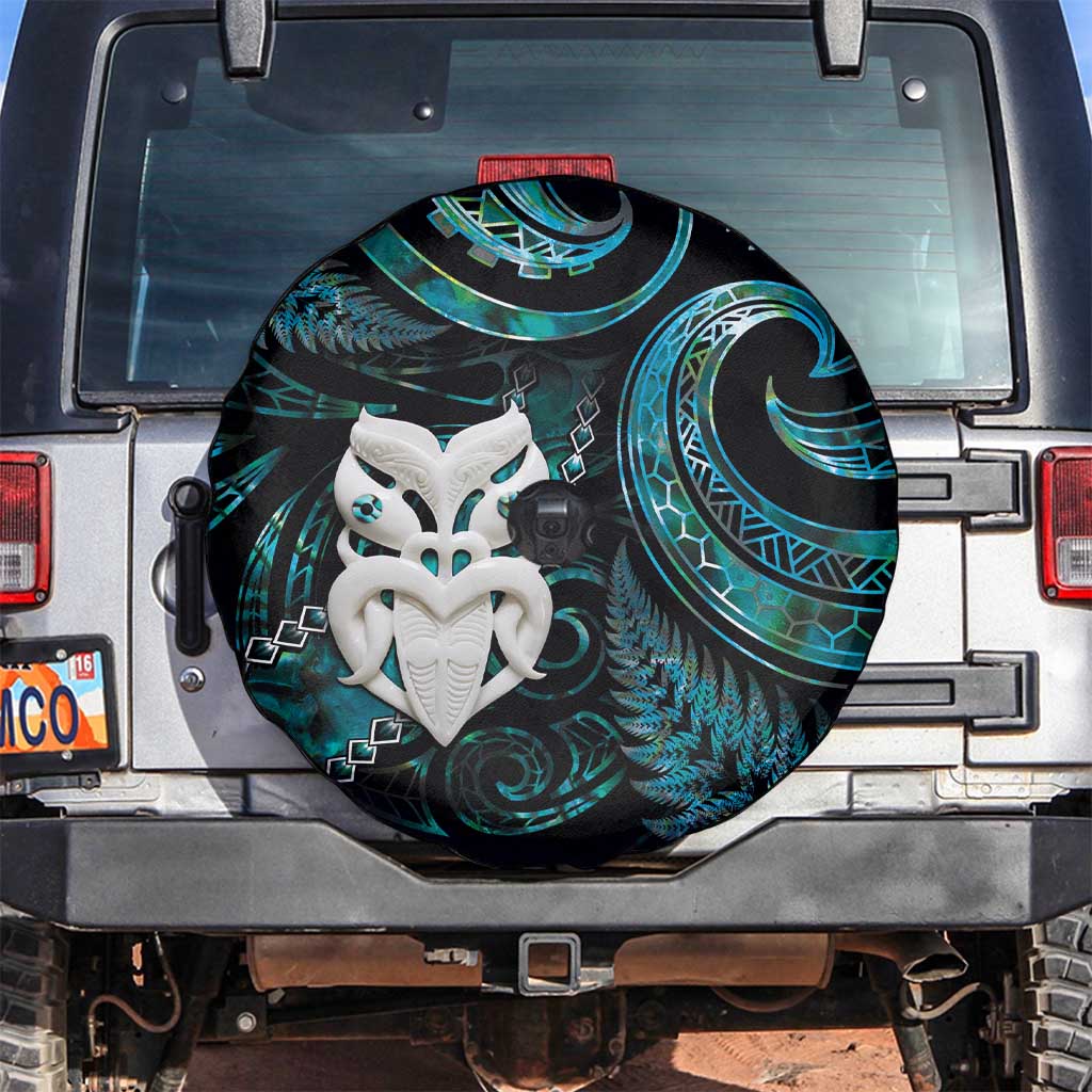 New Zealand Aotearoa Spare Tire Cover Maori Wheku Paua Shell Glitter Turquoise