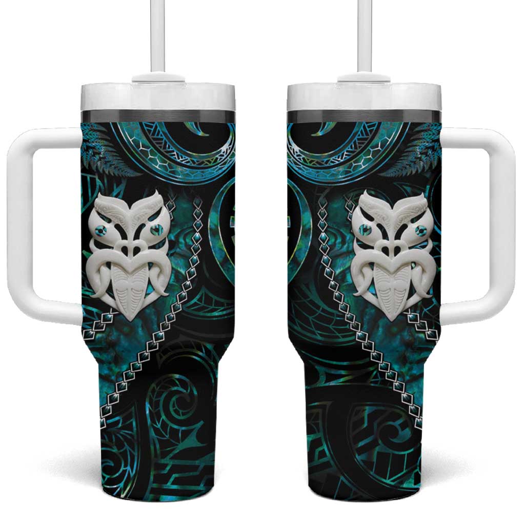 New Zealand Aotearoa Tumbler With Handle Maori Wheku Paua Shell Glitter Turquoise LT05 One Size: 40 oz Turquoise - Polynesian Pride