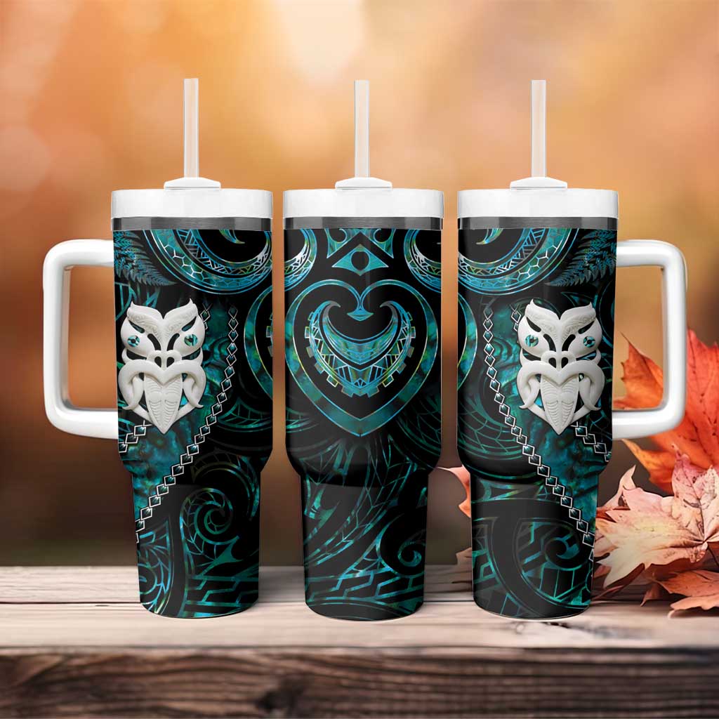 New Zealand Aotearoa Tumbler With Handle Maori Wheku Paua Shell Glitter Turquoise LT05 - Polynesian Pride