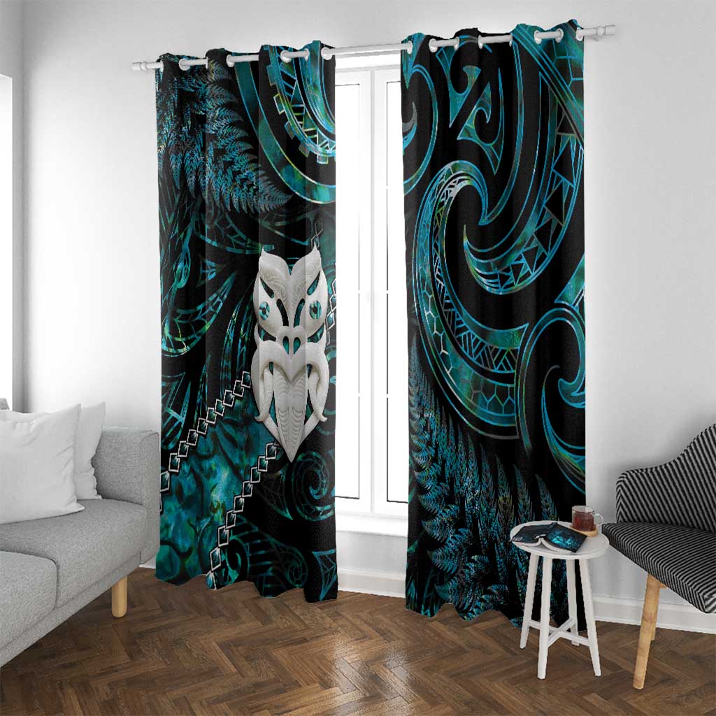 New Zealand Aotearoa Window Curtain Maori Wheku Paua Shell Glitter Turquoise LT05 With Grommets Turquoise - Polynesian Pride