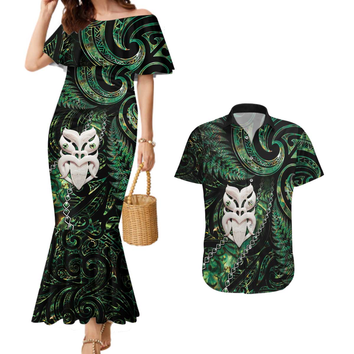 New Zealand Aotearoa Couples Matching Mermaid Dress and Hawaiian Shirt Maori Wheku Paua Shell Glitter Green