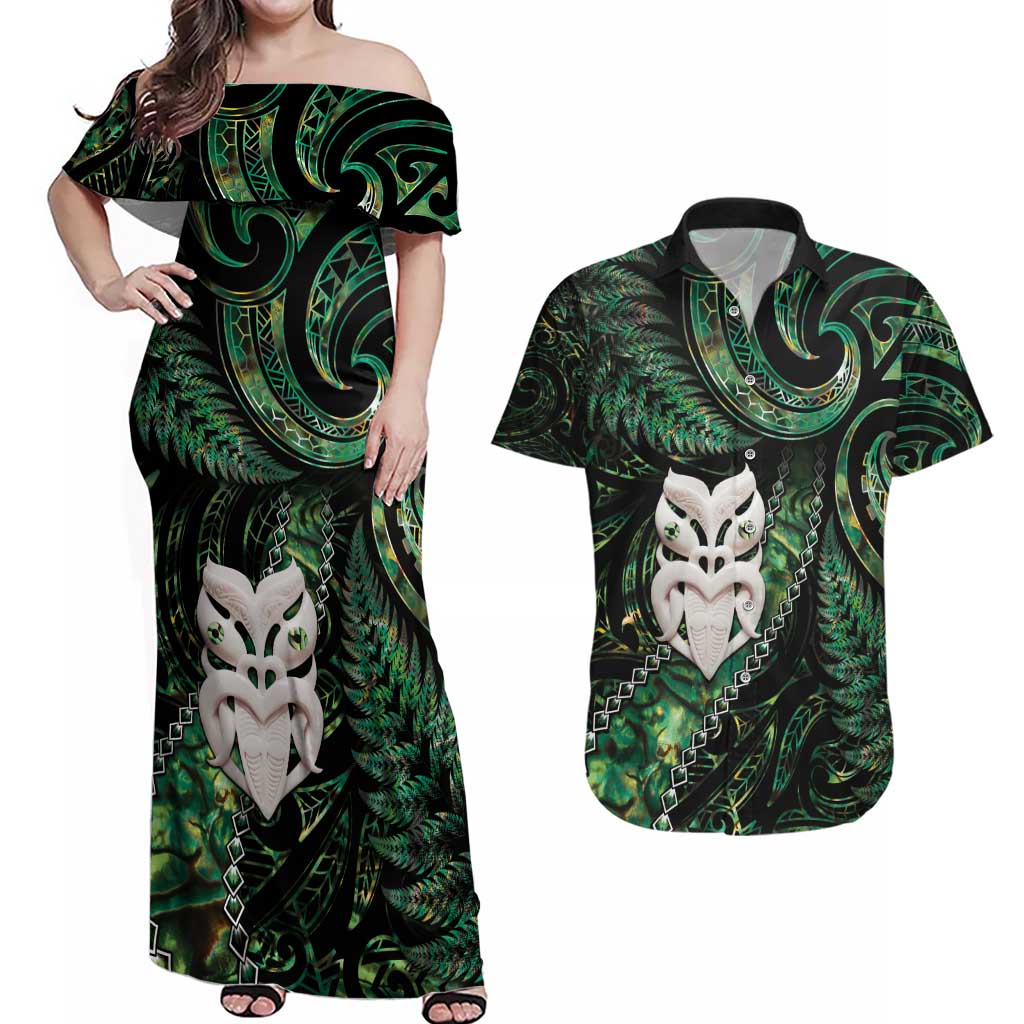 New Zealand Aotearoa Couples Matching Off Shoulder Maxi Dress and Hawaiian Shirt Maori Wheku Paua Shell Glitter Green