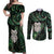 New Zealand Aotearoa Couples Matching Off Shoulder Maxi Dress and Long Sleeve Button Shirt Maori Wheku Paua Shell Glitter Green