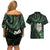 New Zealand Aotearoa Couples Matching Off Shoulder Short Dress and Hawaiian Shirt Maori Wheku Paua Shell Glitter Green