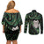 New Zealand Aotearoa Couples Matching Off Shoulder Short Dress and Long Sleeve Button Shirt Maori Wheku Paua Shell Glitter Green